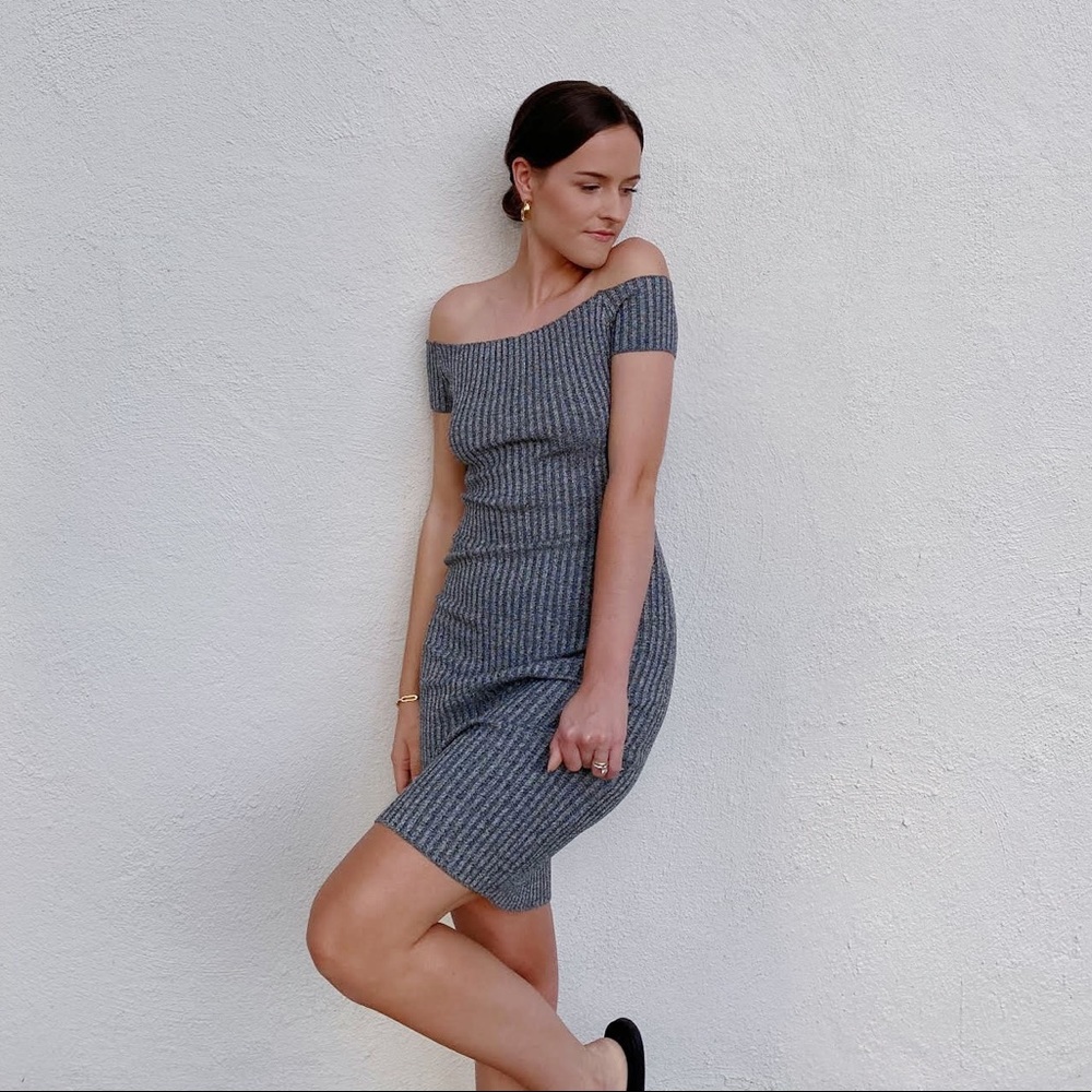 Grey Off Shoulder Ribbed Knit Bardot Dress